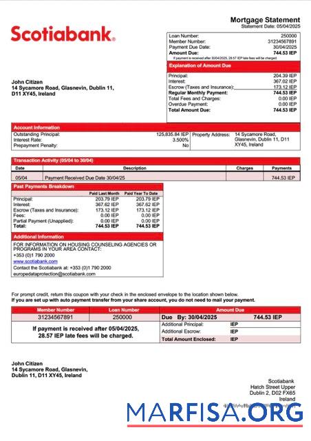 Printable Ireland Scotiabank mortgage statement Word and PDF template
